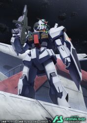  aeug argama bandai beam_rifle commentary_request copyright_notice energy_gun green_eyes gundam gundam_arsenal_base gundam_mk_ii logo mecha mecha_focus mixed-language_text mobile_suit no_humans official_art realistic robot scene_reference science_fiction shield siratori_(yy_203) space star_(sky) takeoff title v-fin weapon window zeta_gundam 