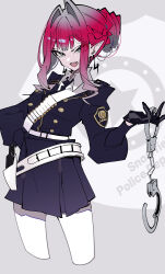 1girl absurdres baobhan_sith_(fate) belt breasts commentary cuffs earrings fate/grand_order fate_(series) gloves grey_eyes gun hair_bun hair_intakes handcuffs highres holster jewelry long_hair long_sleeves looking_at_viewer open_mouth pink_hair pointy_ears police police_uniform ragnal sidelocks smile solo weapon 