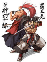  2boys arm_out_of_sleeve belt black_hair black_pants commentary_request dougi full_body hakama haoumaru holding holding_sword holding_weapon itouei japanese_clothes katana kibagami_genjuro kimono long_hair looking_at_viewer looking_back male_focus martial_arts_belt midriff_sarashi multiple_boys muscular muscular_male pants ponytail red_belt red_hair red_kimono samurai_spirits sarashi scar scar_on_back simple_background smile standing sword tabi translation_request waraji weapon white_background 