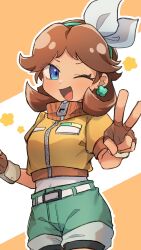  1girl :d ;d aqua_hairband aqua_shorts bike_shorts bike_shorts_under_shorts blue_eyes bow breasts brown_hair commentary_request cropped_jacket earrings fingerless_gloves flipped_hair flower_earrings gloves hair_bow hairband highres jacket jewelry looking_at_viewer mario_kart mario_kart_world medium_hair no_crown official_alternate_costume one_eye_closed open_mouth orange_gloves orange_jacket princess_daisy princess_daisy_(touring) sabatha0424 shorts small_breasts smile solo super_mario_bros. 