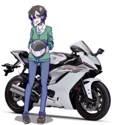  1girl :d asada_shino asagi501 black-framed_eyewear black_helmet blue_pants breasts brown_eyes brown_hair brown_shoes cardigan collared_shirt commentary_request double-parted_bangs full_body glasses green_cardigan hair_between_eyes hair_ribbon hands_up helmet highres holding holding_unworn_helmet long_sleeves looking_at_viewer medium_hair messy_hair motor_vehicle motorcycle motorcycle_helmet official_alternate_costume open_mouth pants ribbon rimless_eyewear round_eyewear shadow shirt shoes simple_background sketch small_breasts smile solo standing sword_art_online unworn_headwear unworn_helmet variant_set vehicle_request white_background white_ribbon white_shirt wing_collar 