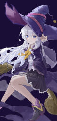  1girl absurdres black_background black_hat black_robe black_skirt blue_eyes braid breasts collared_shirt commentary_request elaina_(majo_no_tabitabi) grey_hair hair_between_eyes hat highres long_hair looking_at_viewer majo_no_tabitabi parted_lips pleated_skirt robe shirt skirt sleeveless sleeveless_shirt small_breasts smile white_shirt winday_(fejh5255) witch_hat 