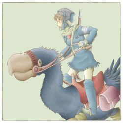  1girl belt blue_boots blue_dress boots border brown_hair commentary_request creature dress gloves green_background green_belt green_gloves guimpe gun gun_on_back holding holding_reins kaufmann_bach kaze_no_tani_no_nausicaa knee_boots long_sleeves mask mask_on_head nausicaa open_mouth pants profile reins riding saddle short_hair solo standing weapon weapon_on_back white_border white_pants 