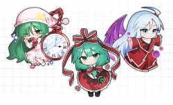  3girls blue_eyes blue_hair bow capelet chibi chibi_only commentary_request dress frilled_bow frills green_eyes green_hair grid_background hair_bobbles hair_bow hair_ornament hat kagiyama_hina kazami_yuuka kazami_yuuka_(pc-98) long_hair long_sleeves looking_at_viewer multiple_girls nightcap nightgown one_eye_closed one_side_up outstretched_arms oversized_object pocket_watch purple_wings red_bow red_capelet red_dress red_ribbon ribbon shinki_(touhou) sleepy smile soooooook2 spread_arms tearing_up touhou touhou_(pc-98) watch wide_sleeves wings wrist_ribbon yawning 