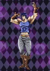  1boy anime_coloring araki_hirohiko_(style) argyle_background arm_up armor belt belt_buckle black_background blue_background blue_eyes blue_hair blue_shirt boots brown_boots brown_gloves buckle commentary english_commentary fingerless_gloves full_body gloves grey_pants hand_up highres jojo_no_kimyou_na_bouken jonathan_joestar male_focus midriff_peek muscular muscular_male official_style orange_belt pants parody pauldrons phantom_blood posing rapier shirt shoulder_armor shoulder_pads shrimpify131 solo standing stardust_crusaders style_parody sword thick_thighs thighs tight_clothes tight_shirt weapon 