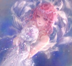  1girl absurdres bag bare_shoulders beads bridal_gauntlets chinese_commentary circlet closed_mouth commentary_request cowboy_shot detached_sleeves dress eyelashes floral_rebirth_(infinity_nikki) flower gown hair_half_over_shoulder happy highres holding holding_flower infinity_nikki jewel_under_eye light_blush light_particles lipstick long_hair makeup nikki_(series) pink_hair pink_lips purple_bag sea0 see-through_clothes see-through_sleeves short_sleeves smile solo standing strapless strapless_dress tight_clothes tight_dress violet_eyes wavy_hair white_bridal_gauntlets white_dress white_flower white_sleeves 