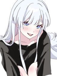  1girl 8xfn0 blue_eyes blush cho_kaguya-hime! collarbone commentary_request grey_hair highres hugging_own_legs long_hair looking_at_viewer multicolored_eyes multicolored_hair open_mouth pink_hair runami_yachiyo simple_background smile solo two-tone_hair violet_eyes white_background 