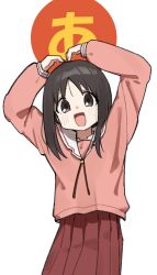  1girl :d arms_up azumanga_daioh azumanga_daioh's_school_uniform blush brown_eyes brown_hair happy highres kasuga_ayumu long_sleeves looking_at_viewer medium_hair open_mouth pink_shirt pleated_skirt puntikimaa sailor_collar school_uniform serafuku shirt simple_background skirt smile solo white_background winter_uniform 