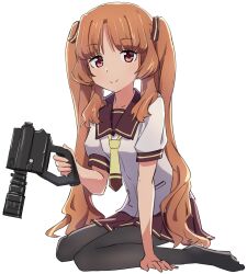 1girl absurdres ano_natsu_de_matteru black_pantyhose border brown_hair brown_sailor_collar brown_skirt c: closed_mouth commentary_request full_body gun hand_up highres holding holding_gun holding_weapon inset_border long_hair looking_at_viewer miniskirt necktie outline pantyhose parted_bangs pleated_skirt red_eyes rokochandayo sailor_collar sailor_shirt school_uniform serafuku shirt short_sleeves sidelocks simple_background skirt smile solo split_mouth transparent_background twintails very_long_hair weapon white_border white_outline white_shirt yamano_remon yellow_necktie 