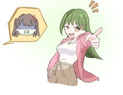  2girls :d anger_vein breasts brown_hair clenched_teeth commentary_request fujishima_megumi green_hair green_skirt hair_ornament hairclip half-closed_eye hand_on_own_hip hood hooded_jacket jacket jewelry long_hair love_live! love_live!_hasu_no_sora_jogakuin_school_idol_club love_live!_hasu_no_sora_jogakuin_school_idol_club_bloom_garden_party medium_breasts mifukuzawa multiple_girls necklace ogami_sachi open_clothes open_jacket open_mouth parallel_hairclips pink_jacket pointing ribbed_sweater shaded_face skirt smile spoken_character sweater teasing teeth two_side_up uneven_eyes virtual_youtuber white_sweater yellow_eyes 
