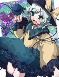  1girl 2mugi_uvcut black_hat black_socks bow buttons commentary diamond_button disembodied_linked_eye eyeball floral_print frilled_shirt_collar frilled_skirt frilled_sleeves frills green_eyes green_hair green_skirt hat hat_bow hat_ribbon heart heart_of_string highres koishi_day komeiji_koishi ribbon rose_print shirt skirt smile socks touhou untranslatable_commentary wide_sleeves yellow_bow yellow_ribbon yellow_shirt 
