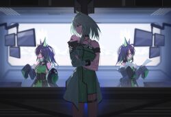  3girls animal_ears arknights asymmetrical_sleeves bare_shoulders black_hair black_jacket cat_ears cat_girl chinese_commentary clone closed_mouth collarbone commentary_request crossed_arms dress green_dress green_eyes green_hair halter_dress halterneck highres holding holding_paper indoors jacket kal'tsit_(arknights) long_hair long_sleeves material_growth mismatched_sleeves mon3tr_(arknights) multiple_girls off_shoulder open_mouth oripathy_lesion_(arknights) paper profile rroc_(rrck11) screen see-through_clothes see-through_sleeves standing star_of_life stethoscope stethoscope_around_neck 