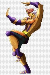  1boy anime_coloring araki_hirohiko_(style) argyle_background arm_warmers battle_tendency belt commentary earrings elbow_pads english_commentary esidisi facial_mark hat highres hoop_earrings jewelry jojo_no_kimyou_na_bouken knee_pads male_focus muscular muscular_male official_style orange_hat pectorals posing purple_arm_warmers purple_sandals sandals shrimpify131 solo standing standing_on_one_leg stitches suspenders topless_male white_background white_hair yellow_belt 