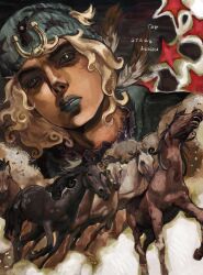  1boy beanie blonde_hair blue_eyes blue_hat blue_hoodie blue_lips commentary english_commentary feathers flaming_eye hat highres hood hood_down hoodie horse horse_print horseshoe_hat_ornament horseshoe_ornament jinazugawa johnny_joestar jojo_no_kimyou_na_bouken makeup male_focus medium_hair solo star_(symbol) star_print steel_ball_run 