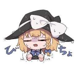  1girl black_hat black_vest blonde_hair blue_bow blue_bowtie bow bowtie braid chibi chibi_only closed_eyes collared_shirt commentary_request facing_viewer hair_bow hat hat_bow highres kirisame_marisa long_hair open_mouth shirt side_braid single_braid solo touhou translation_request upper_body uzuki_(amayadori) vest wet wet_clothes wet_hair white_bow white_shirt witch_hat 