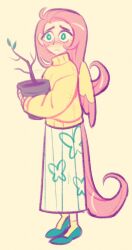  1girl absurdres animal_print animification blush butterfly_print closed_mouth commentary dated feathered_wings fluttershy frown full_body green_eyes highres holding holding_plant long_hair long_skirt long_sleeves my_little_pony my_little_pony:_friendship_is_magic personification pink_hair plant signature simple_background skirt solo sweater tail turtleneck turtleneck_sweater untranslatable_commentary wings worried xxxanchk yellow_sweater 