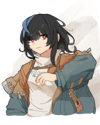  1girl alternate_hair_length_(longer) black_hair blue_hair blue_jacket blue_streaks breasts bright_pupils commentary guilty_gear guilty_gear_strive highres jacket jacket_over_jacket looking_at_viewer medium_hair multicolored_hair open_clothes open_jacket orange_jacket red_eyes shirt simple_background small_breasts smile solo streaked_hair unika_(guilty_gear) white_background white_pupils white_shirt yano_(edbr1022) 