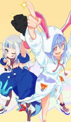  2girls absurdres alternate_costume animal_ears arm_up black_gloves black_pantyhose blue_hair blue_streaks byxis closed_mouth fins fish_tail fur-trimmed_gloves fur_trim gawr_gura gloves heart heart-shaped_pupils highres hololive hololive_english hood hood_up hoodie looking_at_viewer medium_hair multicolored_hair multiple_girls one_eye_closed pantyhose rabbit_ears rabbit_girl shark_girl shark_tail shoes smile streaked_hair symbol-shaped_pupils tail tongue tongue_out usada_pekora virtual_youtuber white_hair white_hoodie white_shoes 