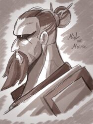  1boy absurdres artist_name beard black_sclera brown_theme colored_sclera facial_hair hair_ornament highres male_focus mielthemouse monochrome personification pokemon portrait profile scar scar_on_cheek scar_on_face ting-lu 