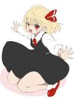  1girl ameyu_(rapon) black_skirt black_vest blonde_hair blush collared_shirt full_body hair_ribbon highres long_sleeves open_mouth outstretched_arms red_eyes red_footwear red_ribbon ribbon rumia shirt shoes short_hair skirt smile socks solo spread_arms teeth touhou upper_teeth vest white_shirt white_socks 