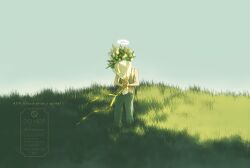  1other ambiguous_gender bare_arms bouquet brown_tank_top commentary_request covered_face day english_commentary flower full_body grass green_pants grey_sky halo holding holding_bouquet meadow mixed-language_commentary original outdoors pants rido_(ridograph) shadow sky standing tank_top traditional_halo tulip watermark white_flower white_tulip 