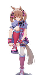  1girl absurdres animal_ears bow breasts brown_eyes brown_hair center_frills frills full_body hair_between_eyes hair_bow highres horse_ears horse_girl horse_tail kinuta_mato leg_up multiple_hair_bows pink_bow pink_skirt puffy_short_sleeves puffy_sleeves purple_bow red_socks shirt short_sleeves simple_background skirt smart_falcon_(love_4ever)_(umamusume) smart_falcon_(umamusume) socks solo standing standing_on_one_leg suspender_skirt suspenders tail twintails tying_footwear umamusume white_background wrist_cuffs 