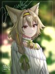  1girl arknights bare_shoulders beanstalk_(arknights) beanstalk_(gift_uncompleted)_(arknights) bell blue_sealad blurry bokeh braid brown_hair choker depth_of_field frilled_choker frills hair_ornament hair_over_shoulder hairband hairclip hyena_ears long_hair looking_at_viewer off_shoulder red_eyes ribbed_sweater single_braid smile solo sweater upper_body white_sweater 