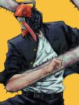  black_necktie black_pants chainsaw chainsaw_man collared_shirt denji_(chainsaw_man) mon_star200cc monster_boy necktie pants sharp_teeth shirt shirt_tucked_in simple_background sleeves_rolled_up teeth tongue tongue_out white_shirt yellow_background 