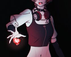  1girl angon623 belt belt_collar black_background black_belt breasts buckle collar gem headphones headphones_around_neck heart love_curse:_find_your_soulmate midriff mouth_hold navel nyx_xia open_hand red_gem short_hair short_sleeves simple_background small_breasts solo teeth 