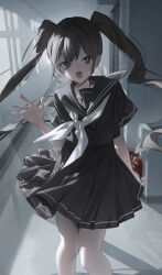  1girl :d absurdres black_eyes black_hair black_sailor_collar black_serafuku black_shirt black_skirt box box_of_chocolates bright_pupils commentary cowboy_shot dot_nose floating_hair hand_up hatsune_miku heart-shaped_box highres holding holding_box ima_sugu_rinne_(vocaloid) indoors lo-ta long_hair looking_at_viewer neckerchief open_mouth pleated_skirt pov sailor_collar school school_uniform serafuku shirt short_sleeves sidelocks skirt smile solo standing sweatdrop twintails untranslatable_commentary very_long_hair vocaloid waving white_neckerchief white_pupils window 