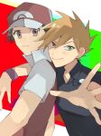 2boys bangs black_shirt blue_oak blush brown_eyes brown_hair closed_mouth collared_shirt hair_between_eyes hat jacket jewelry looking_at_viewer male_focus multiple_boys necklace norisukep pokemon pokemon_(game) pokemon_frlg red_(pokemon) red_headwear shirt short_hair short_sleeves smile spiky_hair symbol-only_commentary upper_body wristband 