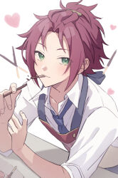  1boy absurdres apron bangs_pinned_back blue_necktie collared_shirt commentary curtained_hair ensemble_stars! eyes_visible_through_hair fingernails food food_in_mouth green_eyes hair_ornament hairclip hand_on_own_arm hand_up heart highres holding holding_food holding_pocky isara_mao looking_at_viewer male_focus necktie open_collar pocky pocky_in_mouth red_hair reijiro shirt short_hair simple_background smile solo upper_body white_background white_shirt wing_collar 