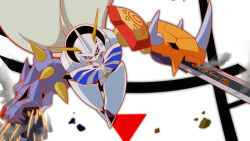  absurdres arm_blade arm_cannon blue_eyes cape digimon digimon_(creature) digimon_adventure digimon_adventure:_bokura_no_war_game highres horns imars mecha omegamon robot solo weapon white_cape 