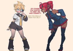  1boy 1girl absurdres alternate_skin_color bent_over black_boots black_sailor_collar black_shirt black_shorts black_skirt blonde_hair blue_eyes boots colored_sclera commentary contrapposto dark-skinned_female dark_skin darkened_skin detached_sleeves drill_hair english_commentary english_text glowing glowing_eye hand_on_own_hip highres kagamine_len kasane_teto kasane_teto_(utau) miniskirt neckerchief pleated_skirt pointy_ears red_eyes red_hair sailor_collar sailor_shirt sayasushiswag shirt shorts skindentation skirt sleeveless sleeveless_shirt smile thigh_boots twin_drills utau vocaloid white_shirt yellow_neckerchief yellow_sclera zettai_ryouiki 