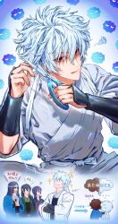  4boys :q aged_down arm_guards black_hair black_jacket blue_hair blue_haori brown_hair closed_mouth commentary crossed_arms cutting_hair gintama green_haori green_kimono grey_kimono hair_between_eyes haori headband highres holding holding_scissors jacket japanese_clothes katsura_kotarou kimono licking_lips long_hair long_sleeves male_focus messy_hair multiple_boys muummuum official_alternate_costume popped_collar purple_hair red_eyes sakamoto_tatsuma sakata_gintoki scissors short_hair smile sparkle speech_bubble squiggle takasugi_shinsuke thought_bubble tongue tongue_out translation_request untranslatable_commentary white_haori white_headband white_kimono 