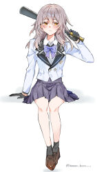  1girl ankle_socks averting_eyes baseball_bat black_gloves black_socks blazer blue_bow blue_bowtie blush bow bowtie brown_shoes buttons closed_mouth collared_shirt commentary_request contrast_collar double-breasted full_body gloves graphia_academy_school_uniform grey_hair grey_skirt hair_between_eyes hand_up highres holding holding_baseball_bat honkai:_star_rail honkai_(series) invisible_chair jacket light_frown loafers long_hair long_sleeves nononono_bouzu official_alternate_costume over_shoulder pleated_skirt school_uniform shirt shoes simple_background sitting skirt socks solo stelle_(honkai:_star_rail) trailblazer_(honkai:_star_rail) twitter_username white_background white_jacket white_shirt yellow_eyes 