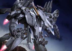  absurdres alyzeus beam_cannon beam_rifle commentary_request earth_federation energy_gun flying gundam gundam:_hathaway's_flash hayatefseiei highres mecha mecha_focus mobile_suit no_humans nu_gundam_mp_type realistic robot science_fiction shield thrusters weapon 