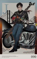  1boy black_gloves black_hair black_jacket black_neckerchief black_shoes blue_eyes blue_pants border bridge burn_scar character_name character_signature commentary english_text fragrance_(freakyduck9000) full_body gloves gradient_border grey_background grey_border grin helmet highres holding holding_unworn_helmet j_(reverse:1999) jacket leaning_against_motorcycle looking_at_viewer male_focus motor_vehicle motorcycle motorcycle_helmet neckerchief pants red_border reverse:1999 scar scar_on_face shoes short_hair smile solo suspension_bridge unworn_headwear unworn_helmet weapon weapon_on_back 