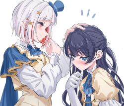  2girls ascot averting_eyes blue_ascot blue_capelet blue_eyes blue_hat blush capelet closed_mouth colored_inner_hair commentary elbow_gloves embarrassed frilled_sleeves frills gloves hana_sakeba_yume_kakeru hat headpat highres jacket long_sleeves looking_at_another looking_down love_live! love_live!_hasu_no_sora_jogakuin_school_idol_club love_live!_hasu_no_sora_jogakuin_school_idol_club_bloom_garden_party mini_hat mini_top_hat multicolored_hair multiple_girls murano_sayaka muya_4221 notice_lines pink_eyes profile puffy_short_sleeves puffy_sleeves red_hair red_streaks short-sleeved_jacket short_sleeves side_cape simple_background sleeveless sleeveless_jacket smile streaked_hair tilted_headwear top_hat upper_body virtual_youtuber white_background white_gloves yellow_jacket yugiri_tsuzuri 
