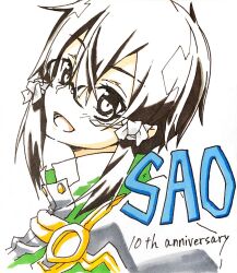  1girl :d anniversary asada_shino asada_shino_(sao-os) asagi501 augma black-framed_eyewear brown_eyes brown_hair collared_jacket commentary_request copyright_name double-parted_bangs glasses gold_trim green_jacket grey_jacket hair_between_eyes hair_ribbon high_collar highres jacket looking_at_viewer medium_hair messy_hair multicolored_jacket ribbon rimless_eyewear round_eyewear scan sidelocks simple_background smile solo sword_art_online sword_art_online_the_movie:_ordinal_scale traditional_media two-tone_jacket white_background white_ribbon 