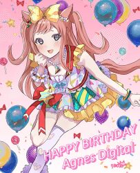  1girl agnes_digital_(full-color_fangirling)_(umamusume) agnes_digital_(umamusume) animal_ears balloon bead_necklace beads belt blue_eyes blush bow brown_hair character_name commentary_request confetti hair_bow happy_birthday highres horse_ears horse_girl horse_tail jewelry long_hair looking_at_viewer multicolored_skirt necklace open_mouth pink_hair red_belt riiko25chan shirt single_thighhigh single_wrist_cuff skirt sleeveless smile solo star_(symbol) tail thigh-highs two_side_up umamusume white_thighhighs wrist_cuffs yellow_bow 