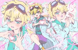  1boy absurdres blonde_hair blue_coat blue_eyes blue_hoodie blush coat commentary_request drawstring fang goggles goggles_on_head hair_between_eyes heart heart_hands highres hood hood_down hoodie jett_(human)_(precure) jett_(precure) lab_coat long_sleeves looking_at_viewer male_focus meitantei_precure! multiple_views nownnownn one_eye_closed open_mouth precure purple_shorts shoes shorts signature simple_background socks star_(symbol) sweat 