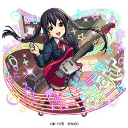  1girl :d amplifier black_hair blazer blue_jacket blush breasts brown_eyes chalkboard character_name clubroom collared_shirt commentary_request company_name copyright_notice day electric_guitar fender_mustang flower full_body grey_skirt guitar hair_between_eyes hands_up holding holding_guitar holding_instrument holding_plectrum indoors instrument jacket k-on! light_rays long_hair long_sleeves looking_at_viewer lowres monster_strike musical_note musical_staff nakano_azusa neck_ribbon official_art open_mouth pigeon-toed pleated_skirt plectrum red_ribbon ribbon sakuragaoka_high_school_uniform school_uniform shirt shoes skirt smile solo standing star_(symbol) sunlight teeth transparent_background twintails upper_teeth_only uwabaki white_shirt window winter_uniform 