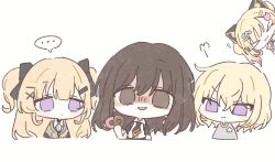  >:) >_< ... 4girls :3 animal_ears bang_dream! bang_dream!_it's_mygo!!!!! bang_dream!_mugendai_mewtype bang_dream!_our_notes black_bow black_necktie blonde_hair bow brown_eyes brown_hair cat_ears cat_hair_ornament chibi chibi_only chocolate_donut closed_mouth collared_shirt color_connection commentary cropped_torso dot_nose doughnut earrings expressionless fake_animal_ears false_smile flat_color flying_sweatdrops food gradient_hair grey_shirt grin hair_between_eyes hair_bow hair_color_connection hair_ornament hairclip hairpin holding holding_donut holding_food in-franchise_crossover jewelry long_hair looking_at_another looking_at_viewer misumi_uika multicolored_hair multiple_girls nakamachi_arale necktie no_nose no_pupils peeking_out pink_hair pmck_bndr print_shirt puff_of_air shaded_face shinomiya_shizuku shirt simple_background smile smug spoken_ellipsis star_(symbol) star_print sumita_mana twintails two-tone_hair two_side_up v-shaped_eyebrows violet_eyes white_background white_shirt wing_collar x_hair_ornament 