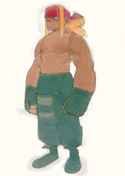  1boy alex_winger bandana blonde_hair boots clenched_hands clenched_teeth drooling facial_mark fingerless_gloves full_body gloves green_boots green_gloves green_overalls headband highres long_hair looking_up male_focus mouth_drool muscular muscular_male overalls ponytail red_bandana shoulder_tattoo simple_background solo standing street_fighter tattoo teardrop teeth topless_male umezawa_michiko white_background 