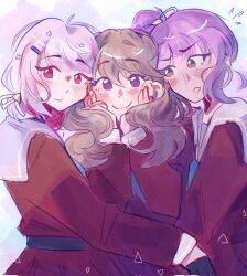  3girls :t aqua_neckerchief black_gloves blush brown_dress brown_hair c: closed_mouth colored_inner_hair commentary dress flying_sweatdrops fujishima_megumi gloves green_eyes grey_hair half_gloves hands_on_own_cheeks hands_on_own_face hasu_no_daisankaku hasu_no_sora_school_uniform highres long_hair long_sleeves looking_at_another looking_at_viewer love_live! love_live!_hasu_no_sora_jogakuin_school_idol_club medium_hair multicolored_hair multiple_girls neckerchief on_your_mark_(love_live!) open_mouth otomune_kozue red_eyes red_hair sailor_collar sailor_dress school_uniform side_ponytail sidelocks smile split_mouth twintails untranslatable_commentary violet_eyes virtual_youtuber vividharmonys white_sailor_collar winter_uniform yugiri_tsuzuri 