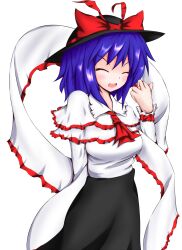  1girl black_hat black_skirt blush breasts closed_eyes commentary_request cowboy_shot hair_between_eyes hand_up hat hat_ribbon highres krace large_variant_set long_skirt medium_breasts nagae_iku purple_hair ribbon shawl simple_background skirt smile solo standing touhou transparent_background v-shaped_eyebrows variant_set 