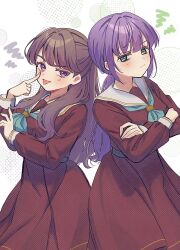  2girls :p akanbe aqua_neckerchief back-to-back blush brown_dress brown_hair commentary cowboy_shot crossed_arms dress eyelid_pull frown fujishima_megumi green_eyes hasu_no_sora_school_uniform highres hiyori_(20hiyori727) long_hair long_sleeves love_live! love_live!_hasu_no_sora_jogakuin_school_idol_club low_ponytail multiple_girls neckerchief otomune_kozue ponytail purple_hair raised_eyebrow sailor_collar sailor_dress school_uniform sidelocks squiggle tongue tongue_out two_side_up violet_eyes virtual_youtuber white_sailor_collar winter_uniform 