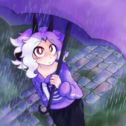  1boy :< :3 animal_ears black_pants blush_stickers brick_road commentary english_commentary from_above grass highres holding holding_umbrella hood hood_down hoodie horns indie_virtual_youtuber lamb_boy lamb_ears looking_up male_focus nebulilac original pants purple_hoodie red_eyes sheep_boy sheep_ears sheep_horns short_hair smug solo trap umbrella virtual_youtuber white_hair 