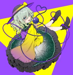  1girl black_boots black_hat boots bow commentary_request disembodied_linked_eye eyeball floral_print frilled_shirt_collar frilled_skirt frilled_sleeves frills green_eyes green_hair green_skirt hat hat_bow hat_ribbon heart heart_of_string highres kageharu koishi_day komeiji_koishi ribbon rose_print shirt skirt sleeves_past_wrists touhou wide_sleeves yellow_bow yellow_ribbon yellow_shirt 